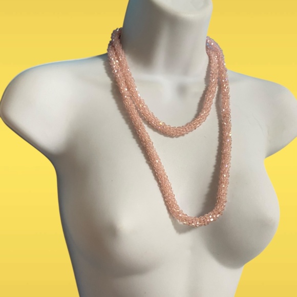 Glass Pink Faceted Twisted Beads Long Necklace Over-The-Head Style Heavy Chunky - Picture 10 of 11